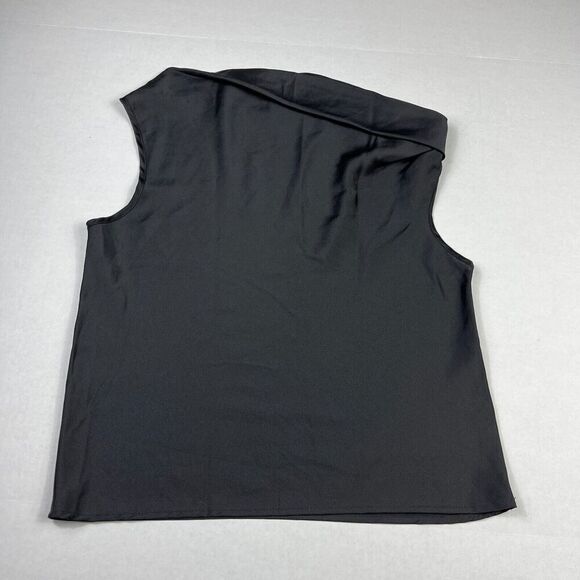 Renee C USA Blouse Black Satin Lightweight Asymmetric Top Short Sleeve SMALL